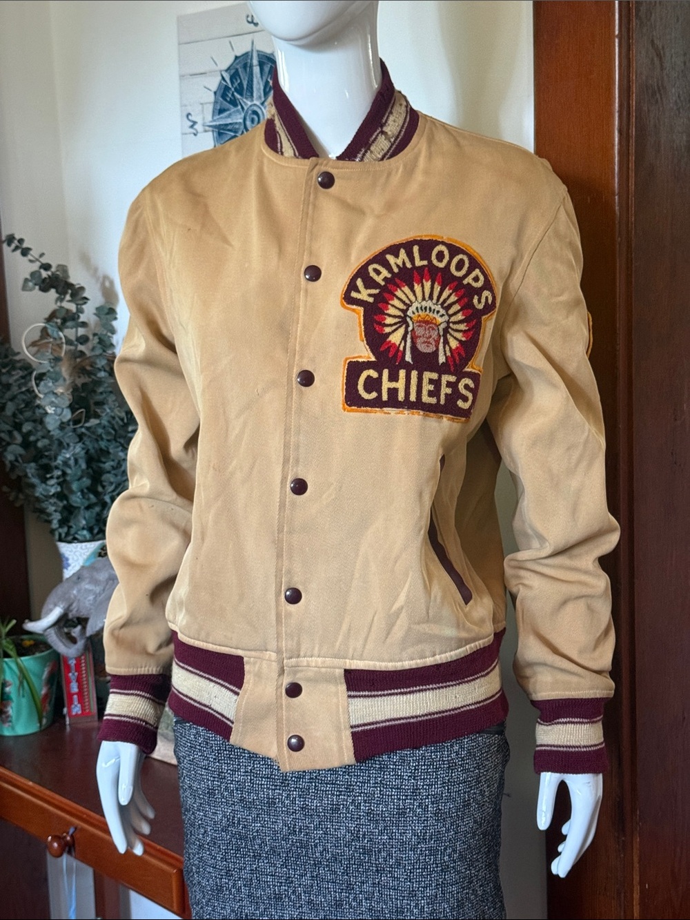1950’s Kamloops Chiefs Vintage Letterman, hockey jacket Jacket - Tan & Maroon